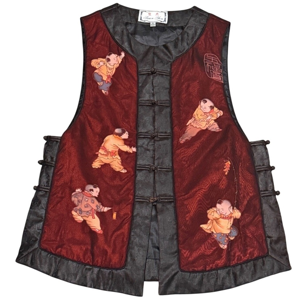 Vintage Traditional Chinese Vest‎ XL Red Black Frog Button Graphic Print